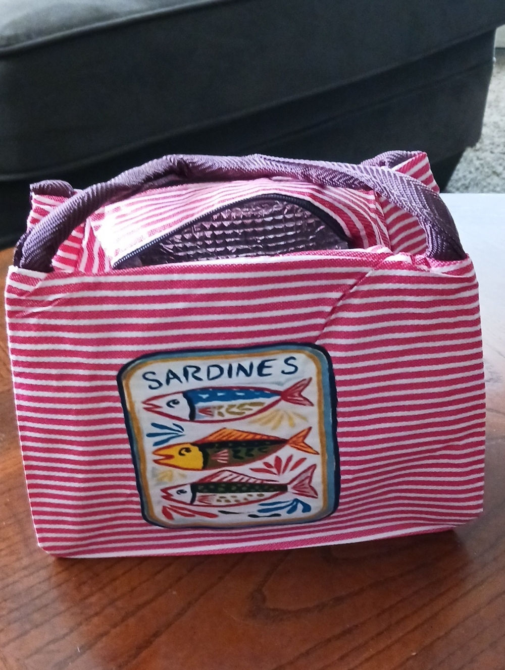 Pink Striped Tote Bag with Sardines Design